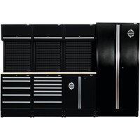 Black modular storage combo with multiple drawers, cabinets, and a wooden worktop, featuring Draper Tools logo.
