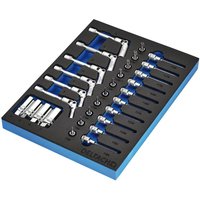 "Bunker 20 piece 3/8" drive spark and glow plug socket set in black EVA foam inlay with chrome sockets and blue accents"