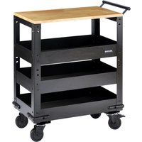 Black metal trolley with three tiers, hardwood top, and four caster wheels, featuring a side handle.