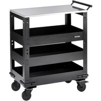 Stainless steel worktop trolley with three black shelves, sturdy frame, and four caster wheels.