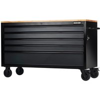 Black Bunker 5 Drawer Workbench Tool Roller Cabinet with wooden top and caster wheels.