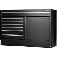 Black Bunker 7 Drawer Modular Floor Tool Cabinet with sleek horizontal handles and a side cabinet door.