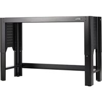Black steel workbench frame by Bunker with adjustable height and sturdy rectangular legs.