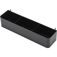 Black rectangular Bunker hanging tray with three compartments and hooks for Bunker Storage System.