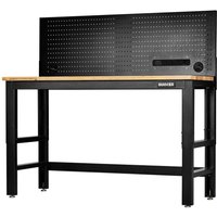 Bunker hardwood worktop workbench with black metal frame and power pegboard featuring multiple holes and power outlets.