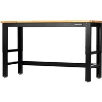 Bunker Hardwood Worktop Workbench with black metal frame and adjustable feet.