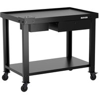Black Bunker Mobile Teardown Workbench with two drawers, lower shelf, and four caster wheels.