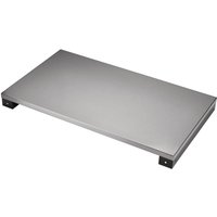 "Bunker stainless steel worktop for tool trolley, rectangular with smooth finish and black corner brackets"