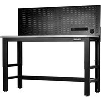 Black and silver Bunker workbench with stainless steel top and black power pegboard featuring outlets.