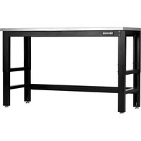 Bunker stainless steel worktop workbench with black metal frame and adjustable feet.