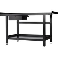 Black Bunker steel workbench with single drawer, lower shelf, and adjustable feet.