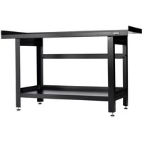 Black Bunker Steel Workbench with sturdy legs, lower shelf, and raised edges on three sides.