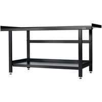 Black Bunker workbench with metal frame, two lower shelves, and adjustable feet, measuring 1829mm in length.