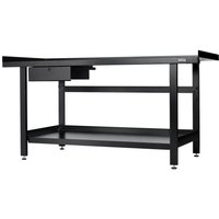 Black Bunker workbench with drawer, sturdy metal frame, lower shelf, and adjustable feet, measuring 1829mm.