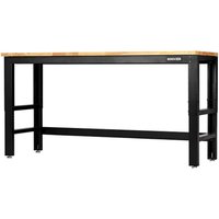 Workbench with black metal frame and hardwood top, Bunker logo on side, 1830mm length.