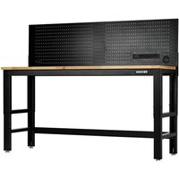 Workbench with hardwood top, black metal frame, and black power pegboard, 1830mm wide by Bunker.