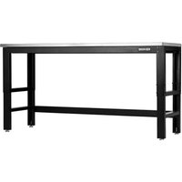 Bunker workbench with stainless steel top, black metal frame, rectangular shape, 1830mm length.