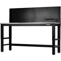 Workbench with stainless steel top, black frame, and power pegboard, measuring 1830mm, by Bunker.