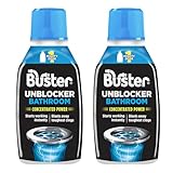 Buster Bathroom Drain Unblocker pack of 2, 300ml bottles with blue caps and black labels featuring drain graphics.