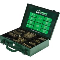 "Green Timco trade case with 1800 wood screws, organized in labeled compartments, featuring C2 branding"