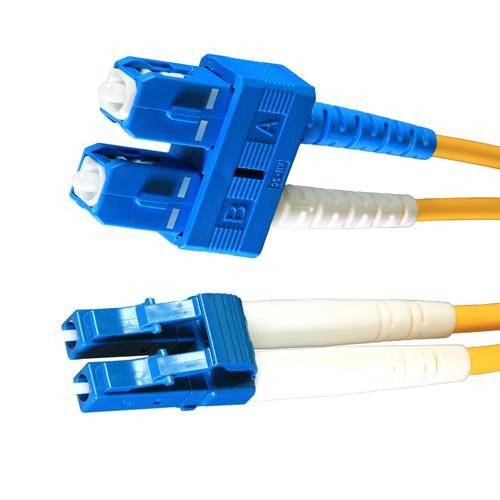 Yellow LSOH fibre patch lead with a 10m length, featuring LC-SC duplex connectors in blue and white, designed for high-speed data transmission.