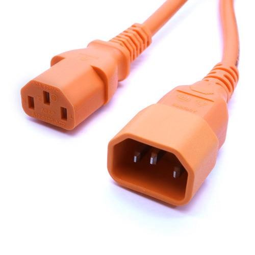 Orange PVC power lead, 1 meter long, featuring IEC C14 and IEC C13 connectors with three prongs, designed for electrical connections.