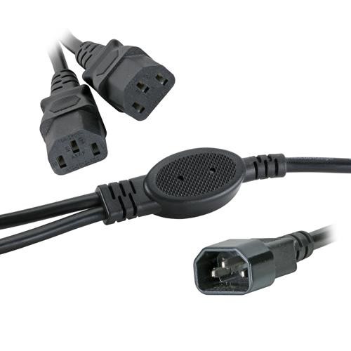 Black PVC power leads featuring a 2.5m IEC C14 connector and two 0.5m IEC C13 legs, designed for connecting multiple devices.