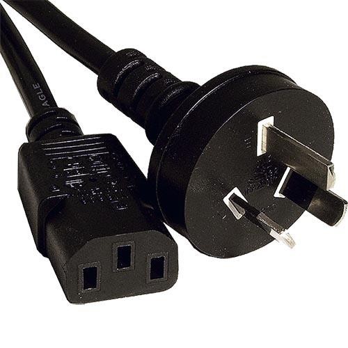 Black PVC power lead featuring a 3-pin Australian plug and an IEC C13 connector, measuring 2 meters in length with a 0.75mm wire gauge.