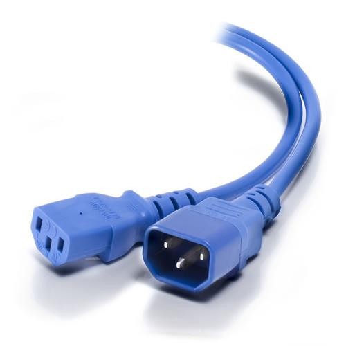 Blue PVC power lead featuring a 2m length, with IEC C14 and IEC C13 connectors, designed for electrical connections.