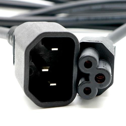 Black PVC power lead featuring a 2m length with an IEC C14 connector on one end and a cloverleaf IEC C5 connector on the other, designed for reliable electrical connections.