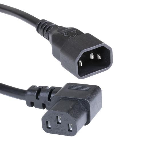 Black PVC power lead featuring a 2m length with a right angle IEC C14 connector and standard IEC C13 connector, designed for electrical devices.