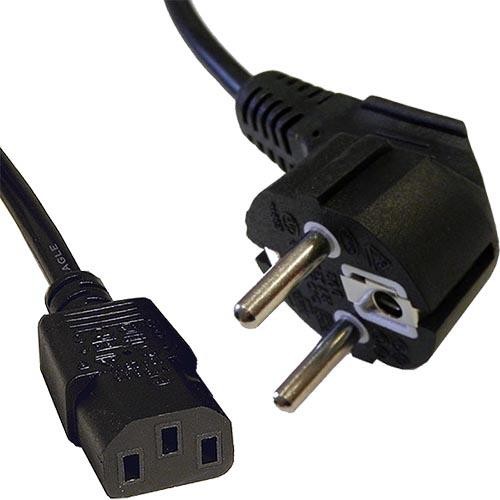 Black PVC power lead featuring a right-angle Schuko plug and IEC C13 connector, measuring 2 meters in length with a 0.75mm wire gauge.
