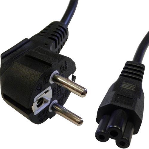 Black PVC power cable with a 2m length, featuring a right-angle Schuko plug on one end and an IEC C5 Cloverleaf connector on the other, designed for efficient space-saving connections.