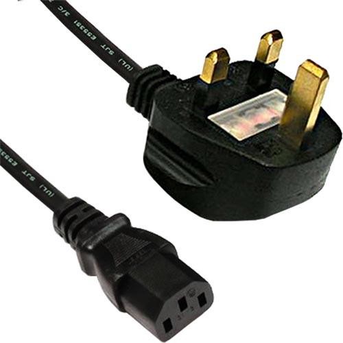 Black PVC power lead, 2m long, featuring a UK 13 Amp plug on one end and an IEC C13 connector on the other, designed for electrical appliances.