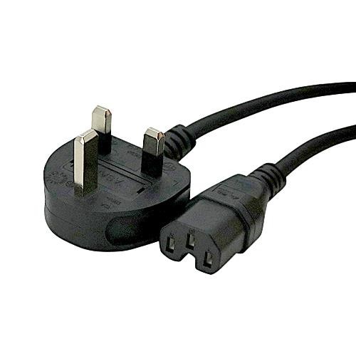 Black 2m power cable featuring a UK 13 Amp plug and an IEC C15 connector, made from durable H05RN-F 1.0mm material, designed for hot conditions.