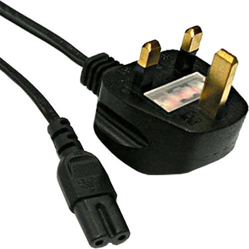 Black PVC power lead with a 2m length, featuring a UK three-pin plug and an IEC C7 Figure of 8 connector, rated for 3 Amps and 0.75mm wire gauge.
