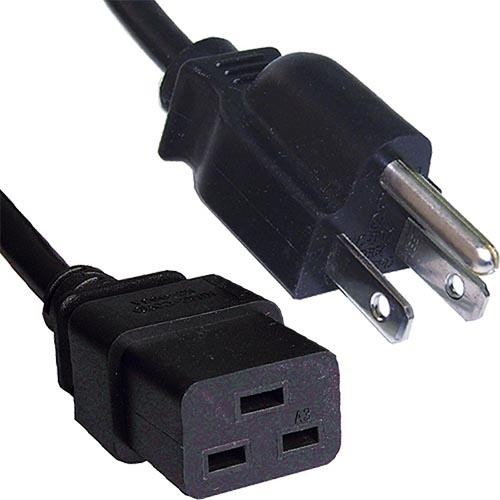Black PVC power lead with a 2m length, featuring a 3-pin USA plug on one end and an IEC C19 connector on the other, designed for durable electrical connections.