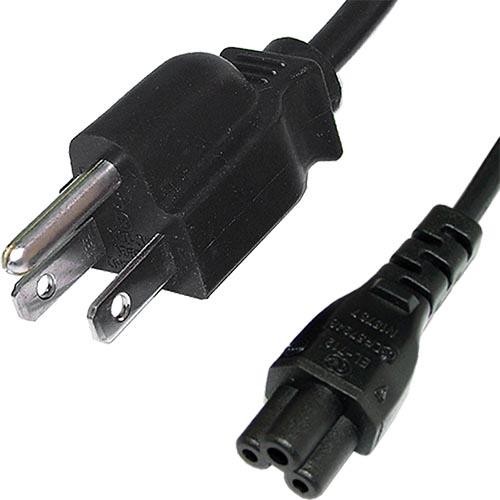 Black PVC power lead featuring a 2m length, a 3-pin USA plug on one end and an IEC C5 cloverleaf connector on the other, designed for reliable electrical connections.