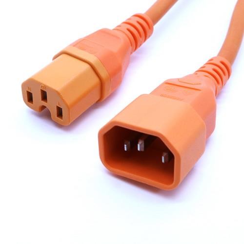 Orange 3m power cable featuring IEC C14 and IEC C15 connectors, made of durable H05RR-F material, designed for hot conditions with a 1.0mm wire gauge.