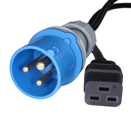 Black PVC power lead with a 5m length, featuring a blue 16Amp Commando IEC-C19 connector and a black 2-pin connector on the opposite end.