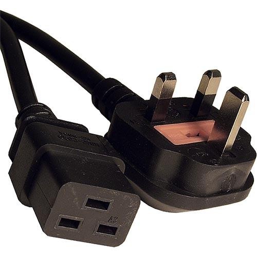 Black PVC power lead featuring a UK 13 Amp plug on one end and an IEC C19 connector on the other, measuring 5 meters in length with a 1.5mm cable thickness.