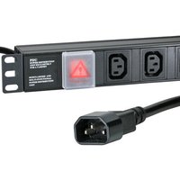 Black Cablenet 6-way IEC-C13 PDU, horizontal 1U, with C14 3m feed, red warning light, and mounting brackets.