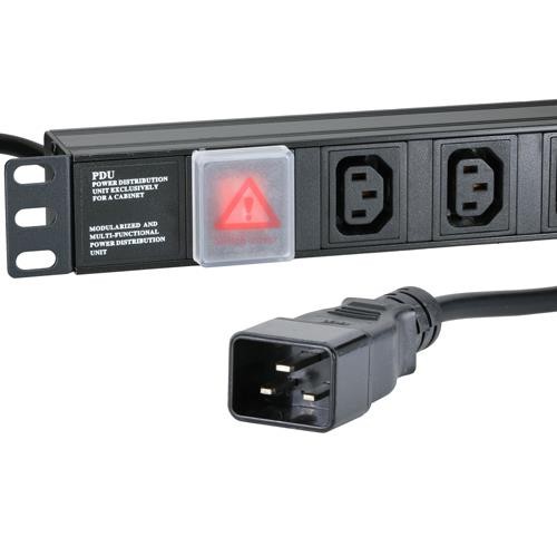 Black metal vertical power distribution unit (PDU) with eight IEC C13 outlets, a red warning indicator, and a C20 connector with a 3m cable.