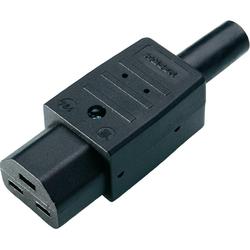 Black RS PRO C21 straight IEC connector with a female end, rated for 250 V and 16 A, featuring two parallel slots and a cylindrical plug design.