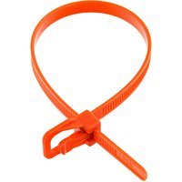 Orange nylon releasable cable tie with locking mechanism, looped and ready for use, by Cablenet.