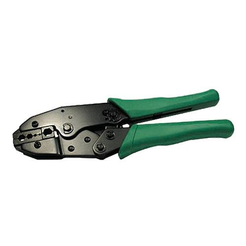 Black ratchet crimp tool with green rubber grips, designed for RG59, RG6, CT100, and CT125 cables, featuring a metallic crimping head and multiple crimping positions.