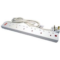 White Cables Direct power extension, 2m, 6 AC outlets, indoor use, UK plug, with red switches and long cord.