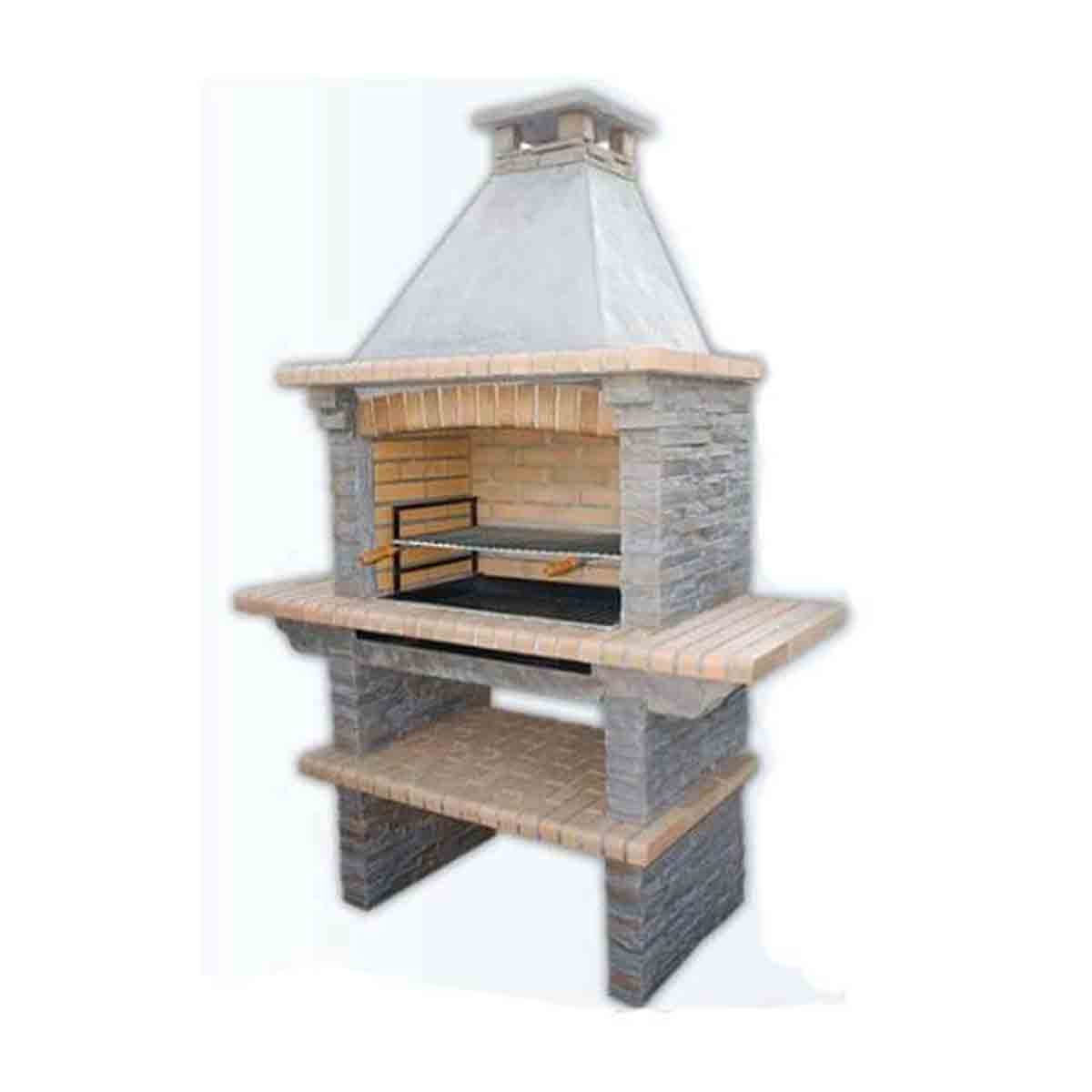 Grey masonry BBQ with a slate finish, featuring a chimney, brick accents, and two open shelves for grilling and storage.