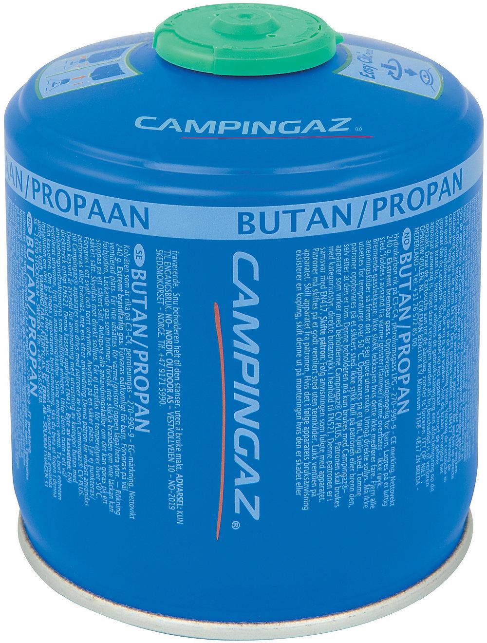 Blue Campingaz CV300 Plus gas canister with green valve and white text detailing butane/propane mix.