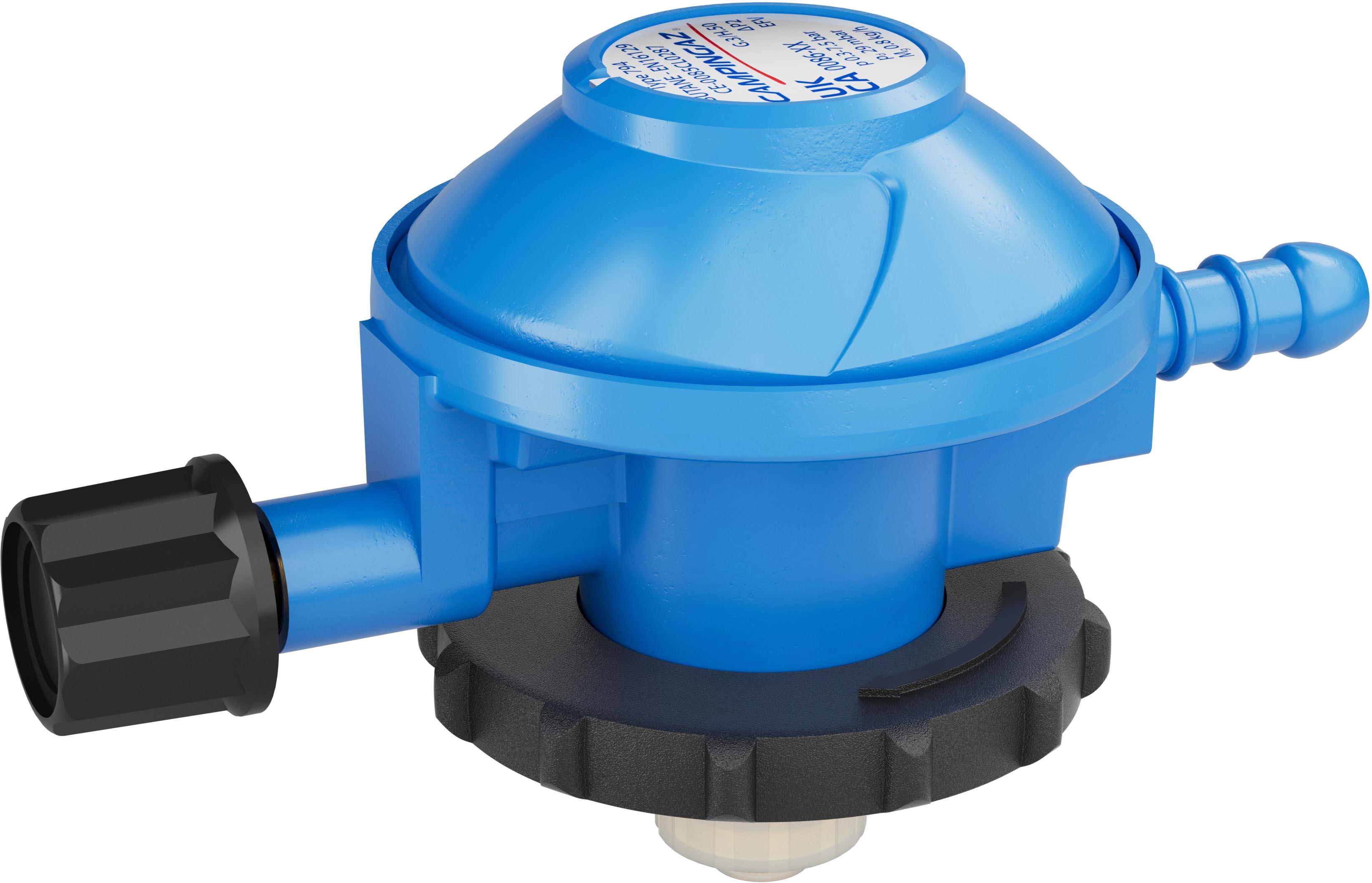 Blue Campingaz regulator with black screw ring and hose connector, compact design with labeled top.